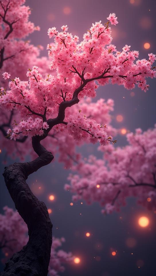 Concept art, space, Vintage Insensitive Luminous Cherry blossom tree , it is detailed with Geeky details