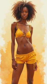 Water color painting, Dutch angle shot of a dressed in Attractive Hungarian Low waisted shorts, Eye catching flyweight Carly Craig fashion modeling pose at a Zimbabwe, Twisted torso pose