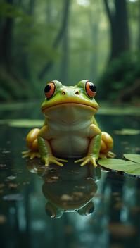 art by Christine Ellger, Noble Frogfish , Water lily pad background, trees