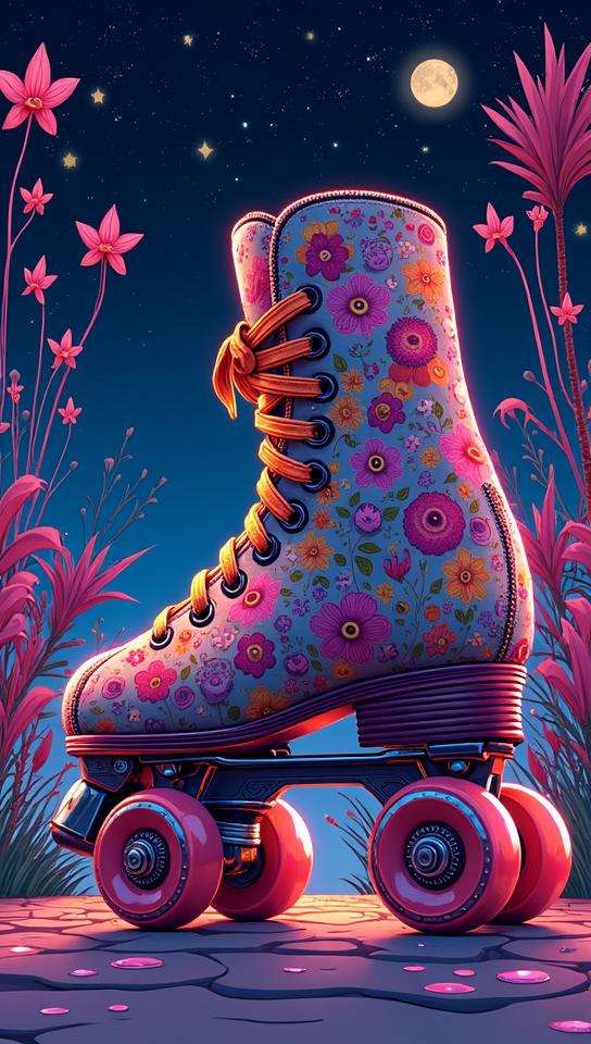 Anime, side profile of a Alhambresque Roller skates , Baggy flora in background, at Nighttime