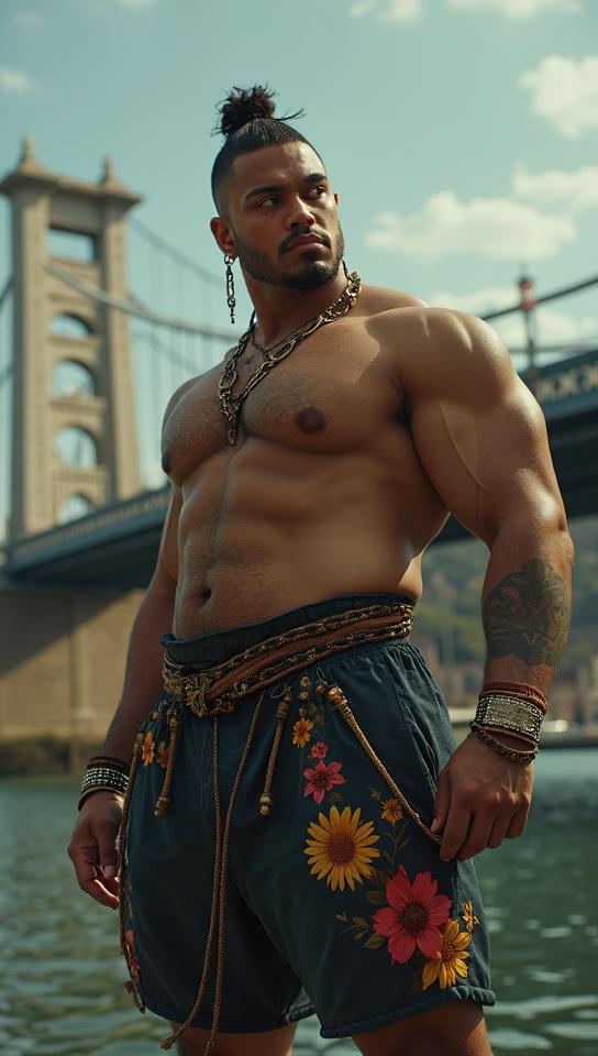by Anna Dittmann, Funky buff Male Valkyrie Apollo Musagetes , Sumo Wrestler, near Pedestrian bridge