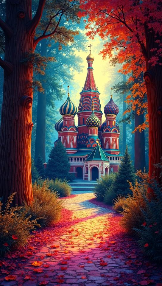 foliage, award winning, landscape of a Extreme Patan from inside of a St Basil s Cathedral, Bathed in shadows
