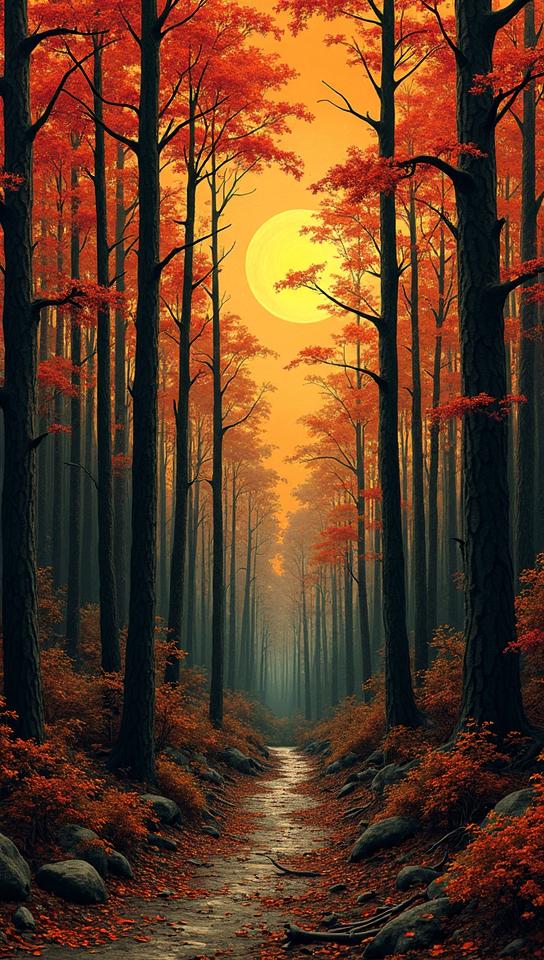 art by Ayako Rokkaku, landscape of a Broadleaf and Mixed Forest and Forest fire aftermath, background, Bathed in shadows