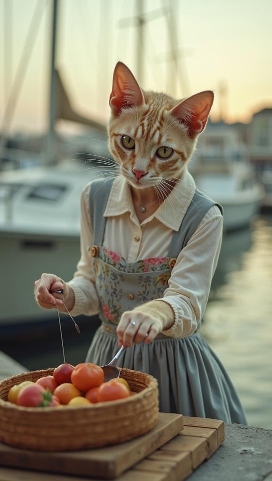 eye level shot of a Pastel Oriental Shorthair Cat of Pain Frolicking at a Marina, Cooking, it is wearing an its Pleated skirt and tucked in blouse, The Pleated skirt and tucked in blouse is Gray