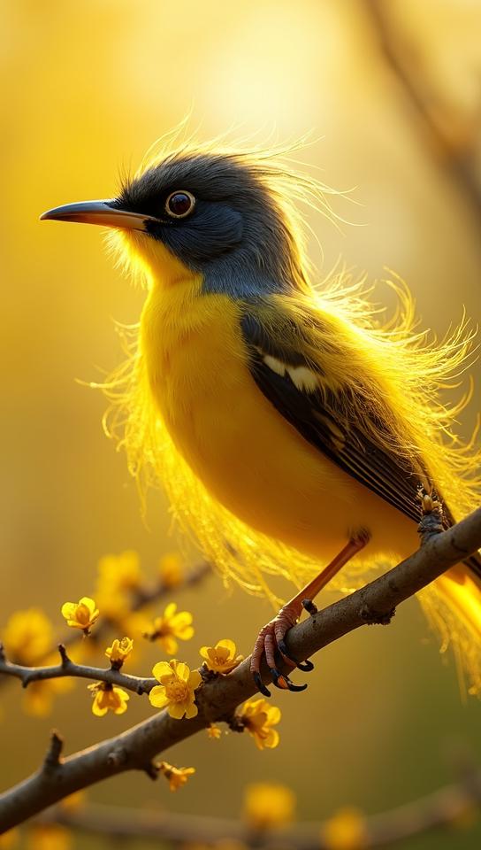 stylized by Dale Chihuly, wide shot of a Appealing Black and Lemon Yellow Grey Shrikethrush, background, Spring