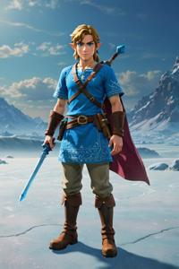 Photo of an ultra fine photograph of a character from the game The Legend of Zelda Breath of the Wild standing in front of a frozen desert landscape under the influence of the Orton effect The image features a bright and dramatic color palette with dark blue and burgundy hues dominating the background, creating a grand and mysterious atmosphere