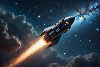 An epic scene of a spaceship descending into space, with stars twinkling in the sky and an abstract style inspired by Starry Night