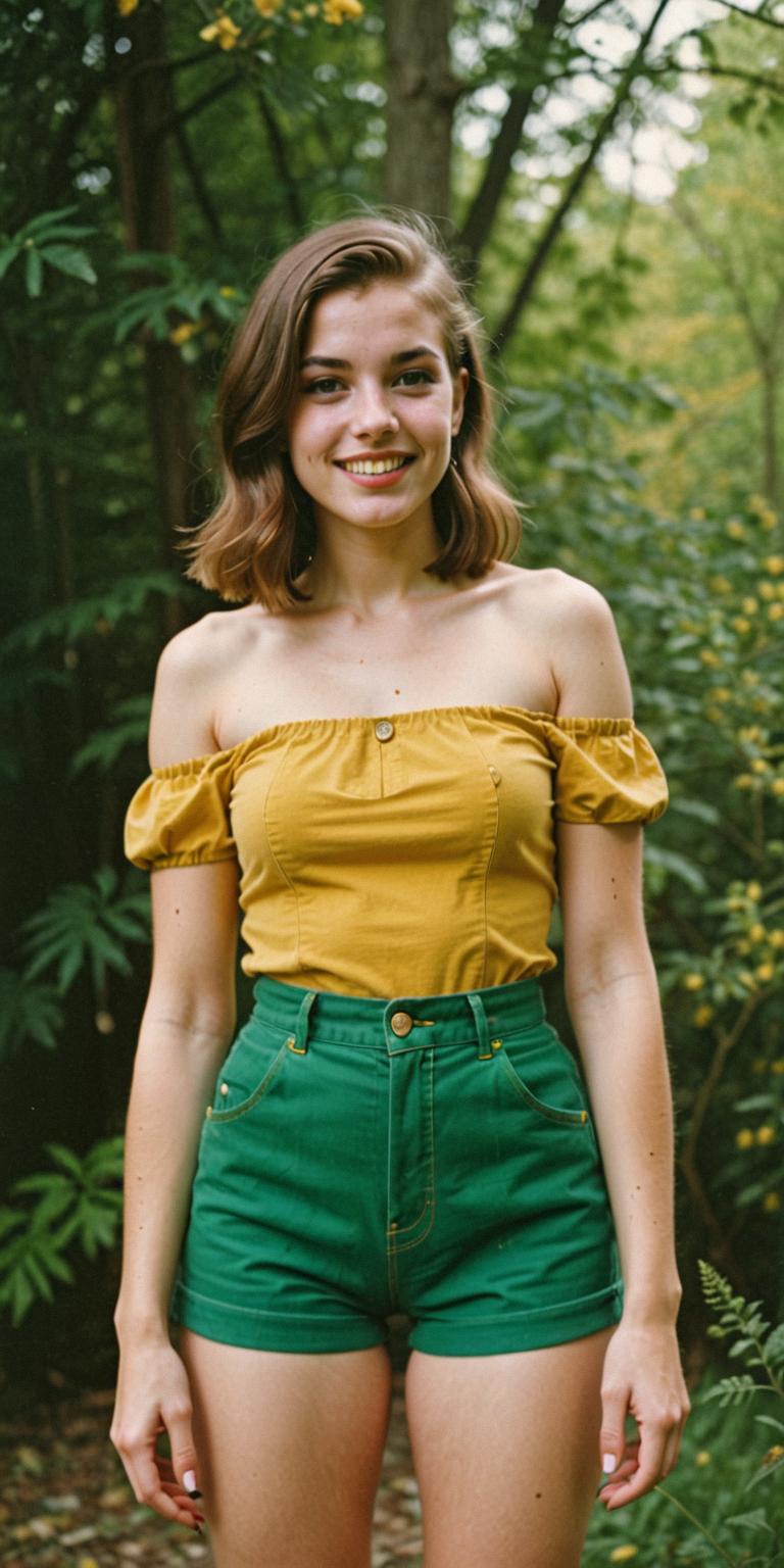 Photograph of a young woman in the s, wearing emerald green high waisted shorts and an off the shoulder top, with black and yellow Fangs Mustard smoky conditions The image is simple and clean, with double exposure and Kodak Gold film grain It has a lush background with no shadows or highlights