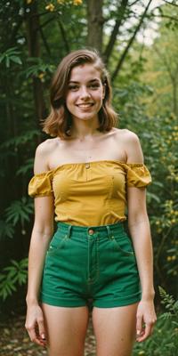 Photograph of a young woman in the s, wearing emerald green high waisted shorts and an off the shoulder top, with black and yellow Fangs Mustard smoky conditions The image is simple and clean, with double exposure and Kodak Gold film grain It has a lush background with no shadows or highlights