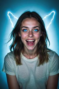 A photo of a person with glowing blue eyes and a happy expression, captured in a style reminiscent of the horror film series The image is spread out on a canvas, creating an atmosphere that seems to glow