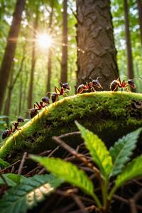 A visually striking image of a group of ants climbing through a lush green forest, with the sun setting in the background The scene is bathed in a soft, golden light, creating an atmosphere that is both eerie and captivating The intricate details on the ants faces are brought to life by the bokeh effect