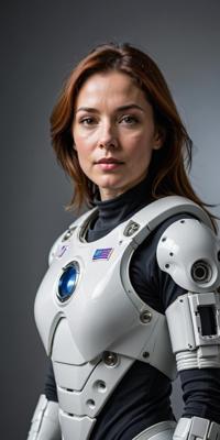 A photo of a woman in an astronaut suit, wearing robotic body parts and a focus on her face, as if she s been through something memorable
