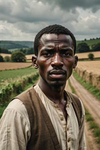A portrait of an aggravated black mouthed person with a long journey through the countryside, captured in a photograph inspired by Old Master paintings, with an emphasis on identity and culture
