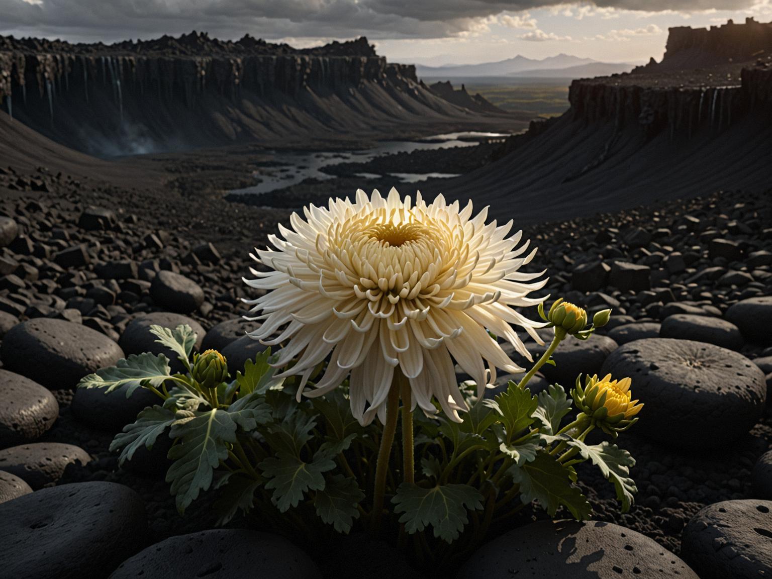 A photorealistic image showcasing a Chrysanthemum from Lord Of The Rings set in a dark lava pit with wide views of the surrounding area, captured under soft, realistic lighting, with a focus on the complexity and texture of the artwork