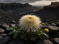 A photorealistic image showcasing a Chrysanthemum from Lord Of The Rings set in a dark lava pit with wide views of the surrounding area, captured under soft, realistic lighting, with a focus on the complexity and texture of the artwork