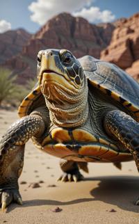 A photorealistic image of a macho turtle with a focus on the details, showcasing its unique and powerful features