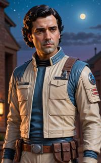 Digital painting of a matte figure made of clay inspired by the character Poe Dameron from Star Wars The image features a vibrant scene in Blue Hour with a focus on figurative sculpture style