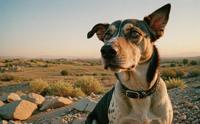 Photograph of a stonewar HUNTING dog in the style of Cherubic and Cursed with French braid, Iranian hair styled as French braid, Pocket Square, at Sunrise