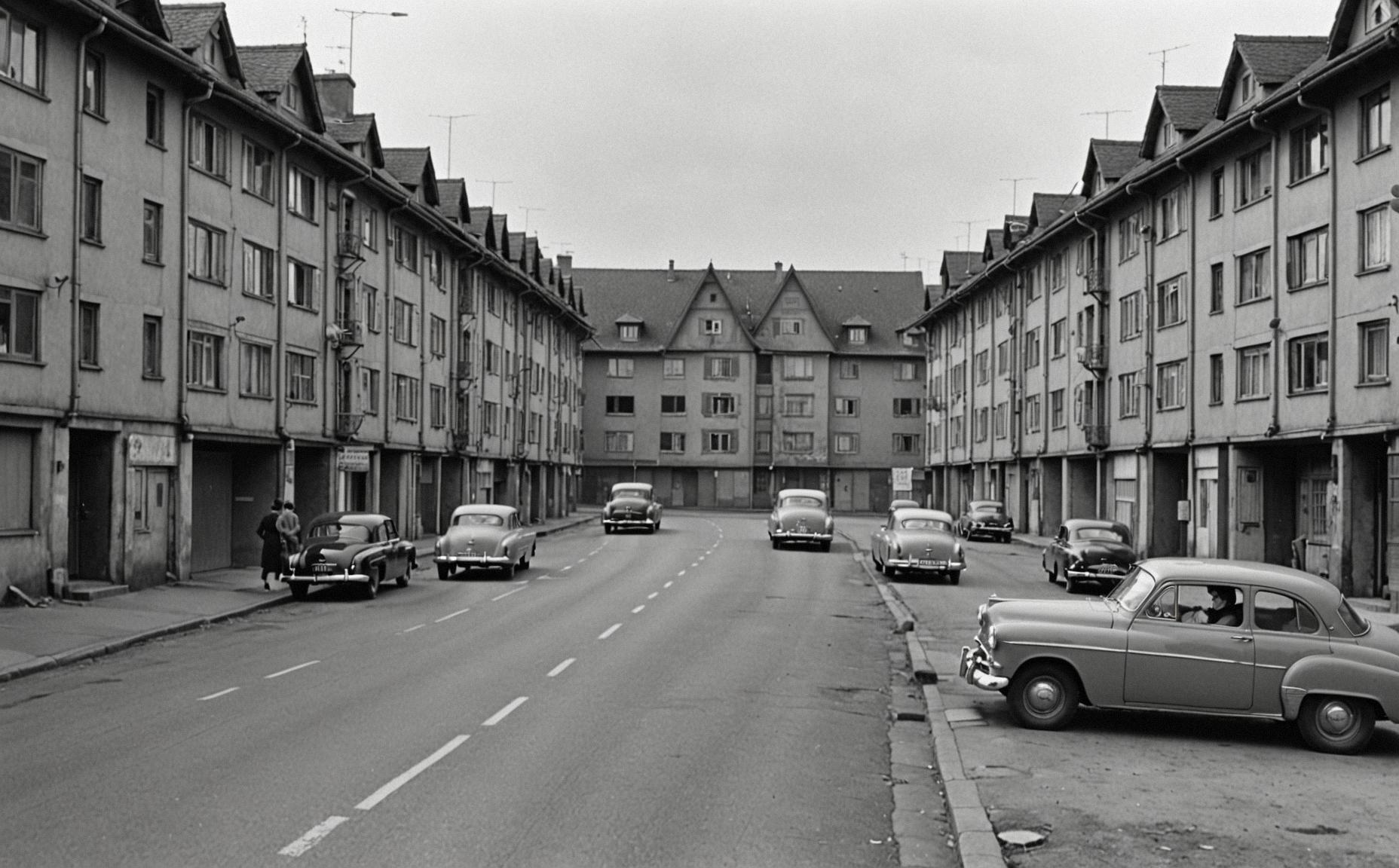 Photo of a fairy tale like suburban environment in the early s with thick European buildings and fur collar, stylized by Daido Moriyama, featuring a shallow depth of field and selective focus, captured at a fast shutter speed with Ilford HP