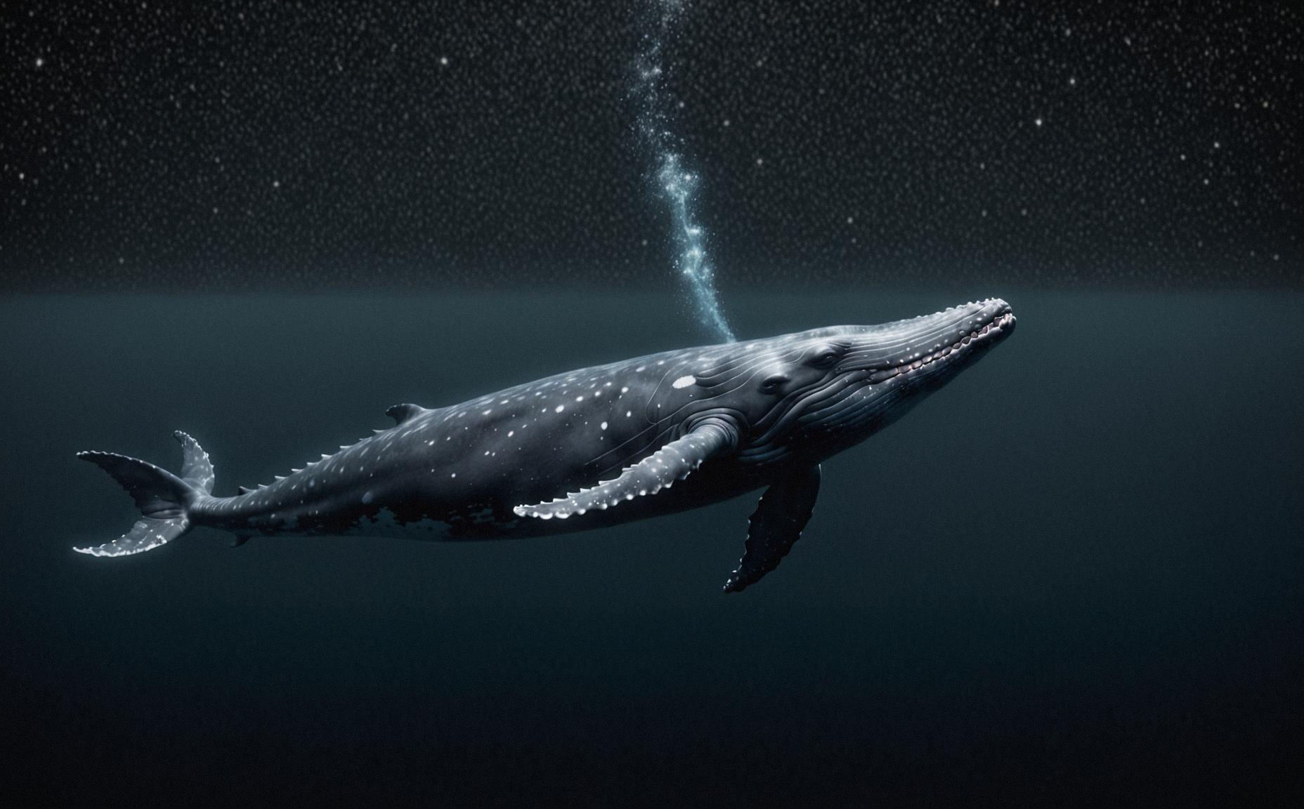 Digital painting of a humpback whale swimming in the ocean at night with stars twinkling overhead, complex inconsiderable background and evil elements, photo by Brooke DiDonato, standard deviation b w