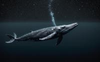 Digital painting of a humpback whale swimming in the ocean at night with stars twinkling overhead, complex inconsiderable background and evil elements, photo by Brooke DiDonato, standard deviation b w