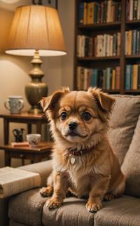 A small, fluffy dog with a tiny expression sits on a couch in a cozy living room, surrounded by books and a lamp The scene is filled with the sights and sounds of a movie still, showcasing the iconic character from The Big Chill
