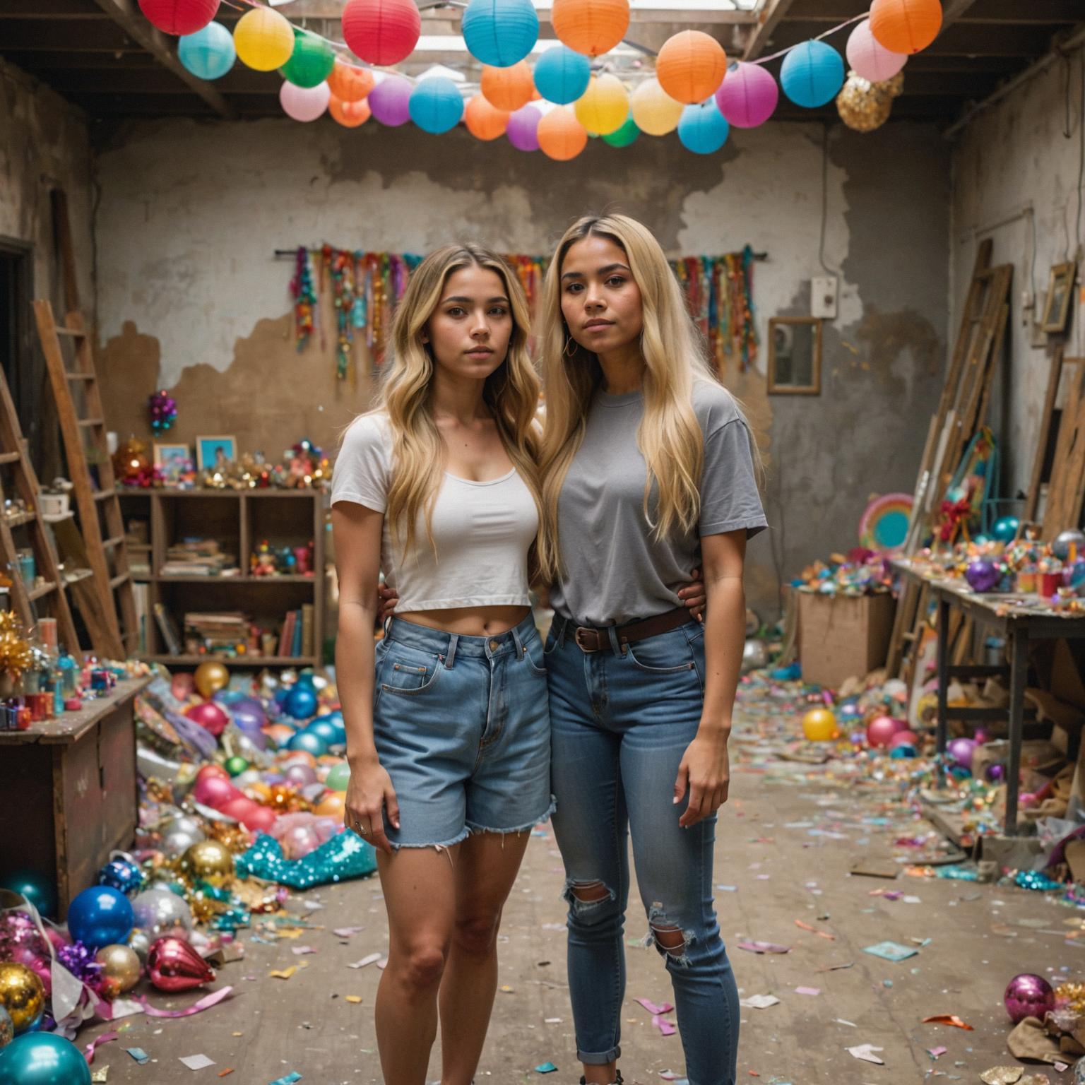 A young woman with long blonde hair stands in front of a cluttered room filled with colorful decorations She is holding hands with April Hernandez Castillo, who has been envious of her because she seems to be feeling the same way The scene is set against a backdrop of dust, rust, and steel gray