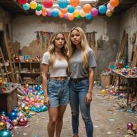 A young woman with long blonde hair stands in front of a cluttered room filled with colorful decorations She is holding hands with April Hernandez Castillo, who has been envious of her because she seems to be feeling the same way The scene is set against a backdrop of dust, rust, and steel gray