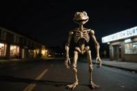 A dilapidated skinturt with an anthropomorphic character on a dark night, illuminated by short exposure photography, giving it the appearance of a cinematic shot
