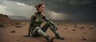 A photorealistic image of a female Martian Injured Dirty from concept art sitting and talking in a desolate environment under stormy weather with soft focus lighting, captured with a slow shutter speed of seconds, featuring a matte skin texture, inspired by the style of Kodak Tri X film