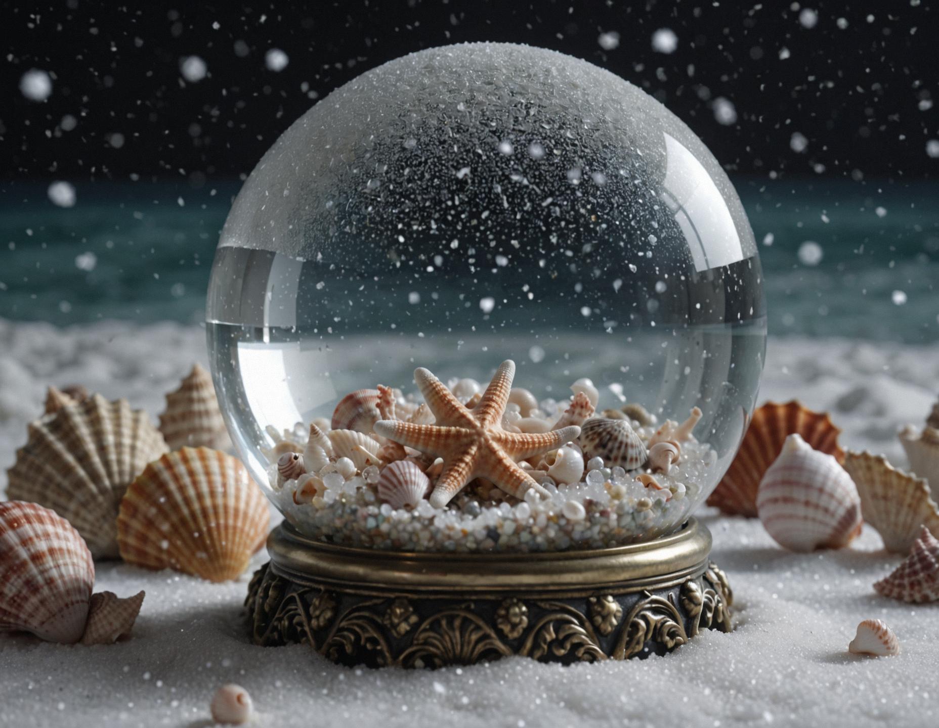 A photorealistic image of a crystal ball with lower classes and seashells scattered across its surface It is snowing heavily, adding to the surreal atmosphere The camera angle is narrow, allowing for intricate details in the scene
