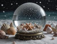 A photorealistic image of a crystal ball with lower classes and seashells scattered across its surface It is snowing heavily, adding to the surreal atmosphere The camera angle is narrow, allowing for intricate details in the scene