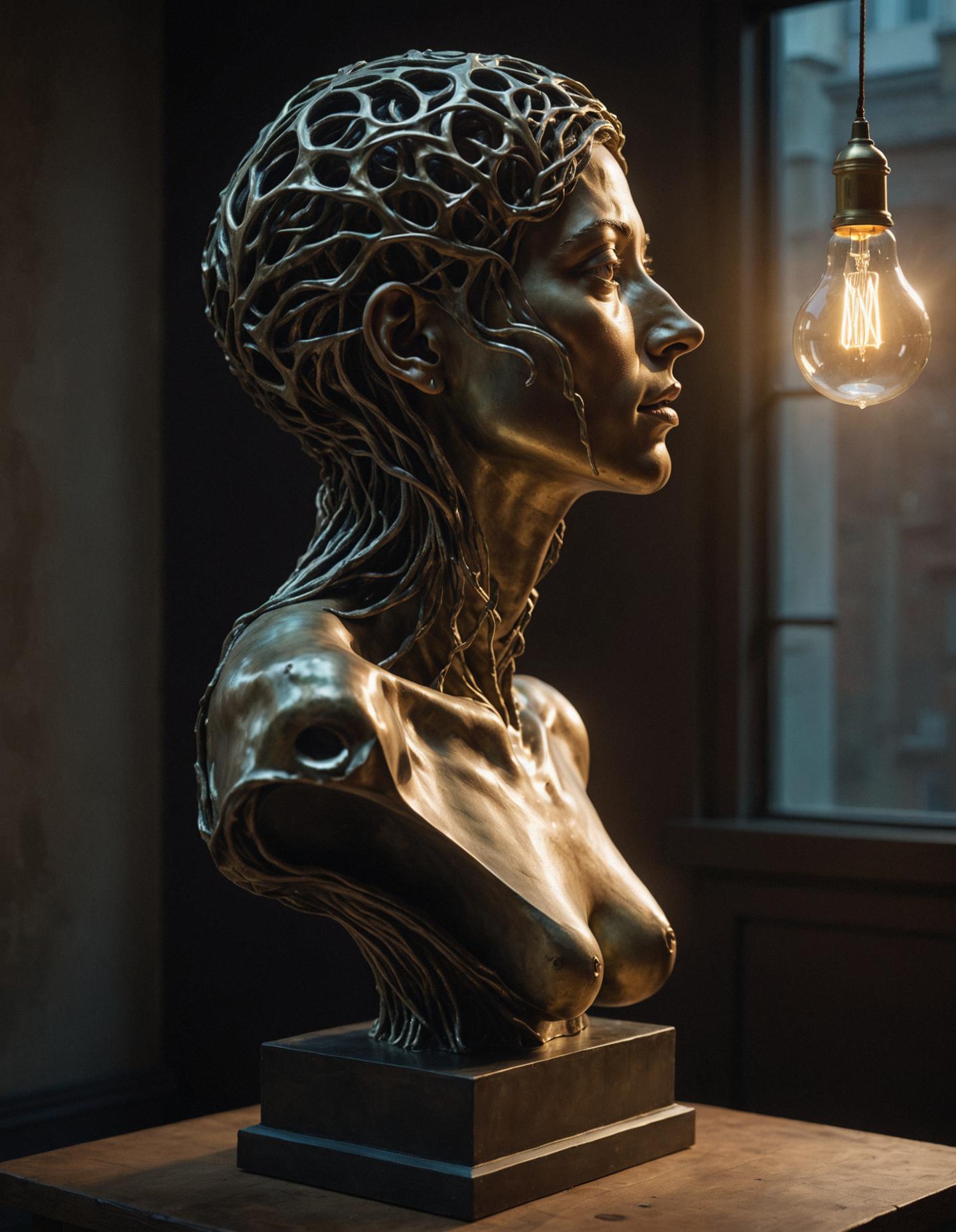 A surreal and whimsical portrait of a The Idea of Thoughts sculpture, with a side view shot that seems to defy reality The image is bathed in cinematic lighting, creating a hyper realistic atmosphere that draws the viewer into the artwork s surreal world