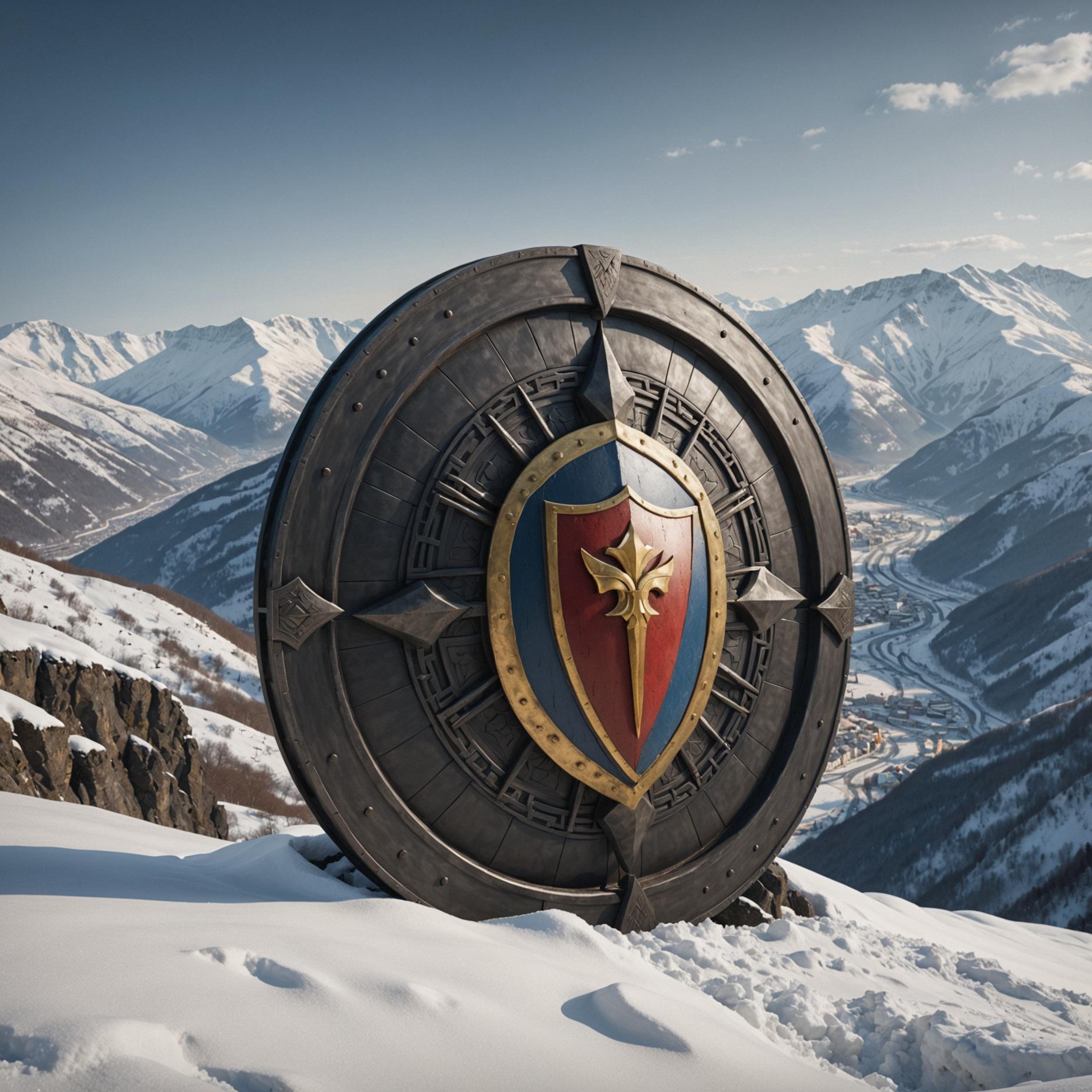 A photo with a photorealistic look and feel, showcasing the concept of Shield Block in the style of Ukrainian avant garde art, with an emphasis on intricate details and dark tones The image features a wide shot with a mountain range in the background, creating a striking contrast against the snow covered landscape below