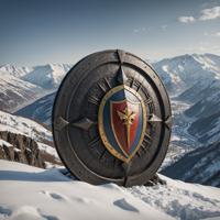 A photo with a photorealistic look and feel, showcasing the concept of Shield Block in the style of Ukrainian avant garde art, with an emphasis on intricate details and dark tones The image features a wide shot with a mountain range in the background, creating a striking contrast against the snow covered landscape below