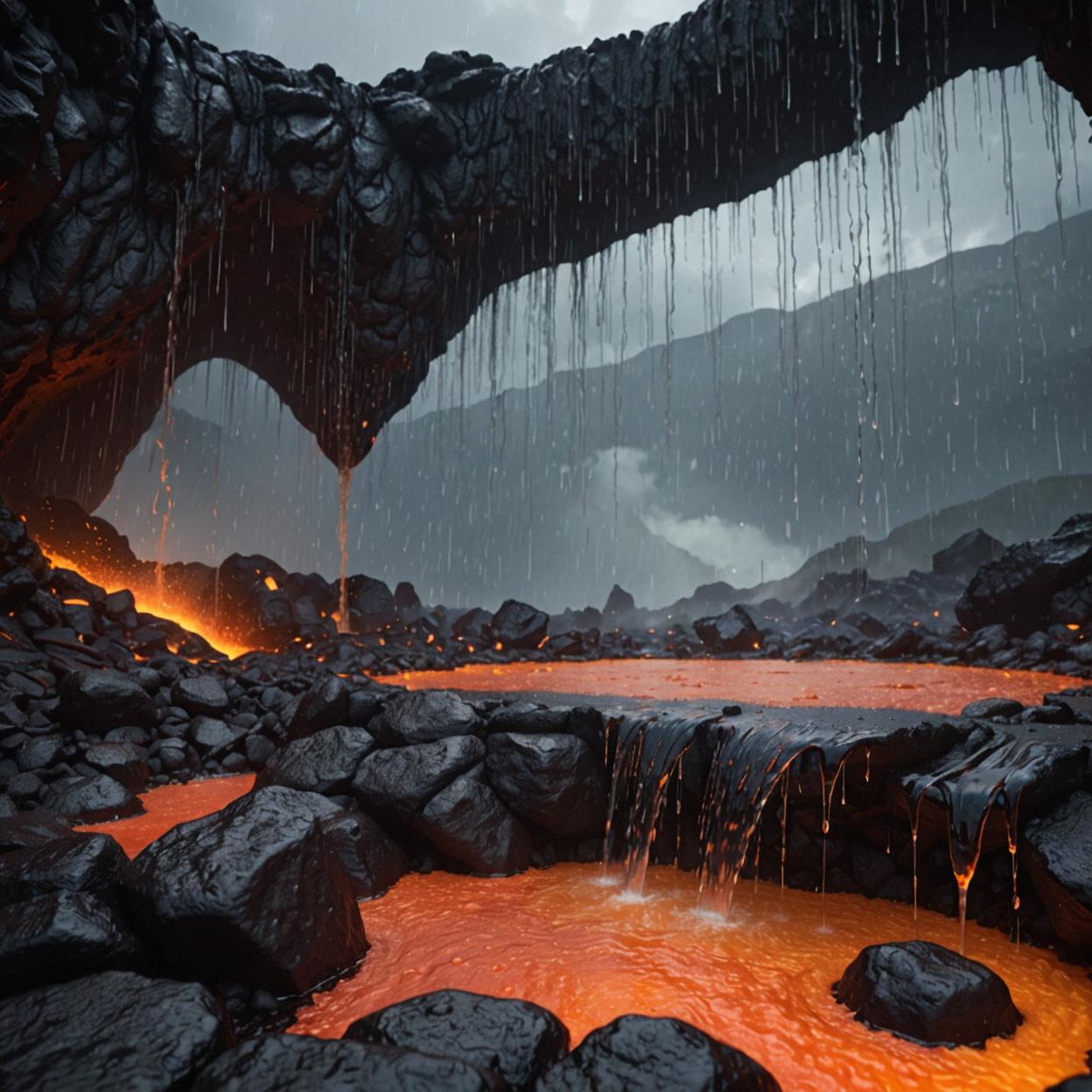A photorealistic image showcasing a symphony of raindrops, set against a backdrop of a lava pit, with dynamic lighting that accentuates the rhythmical melody of the rain