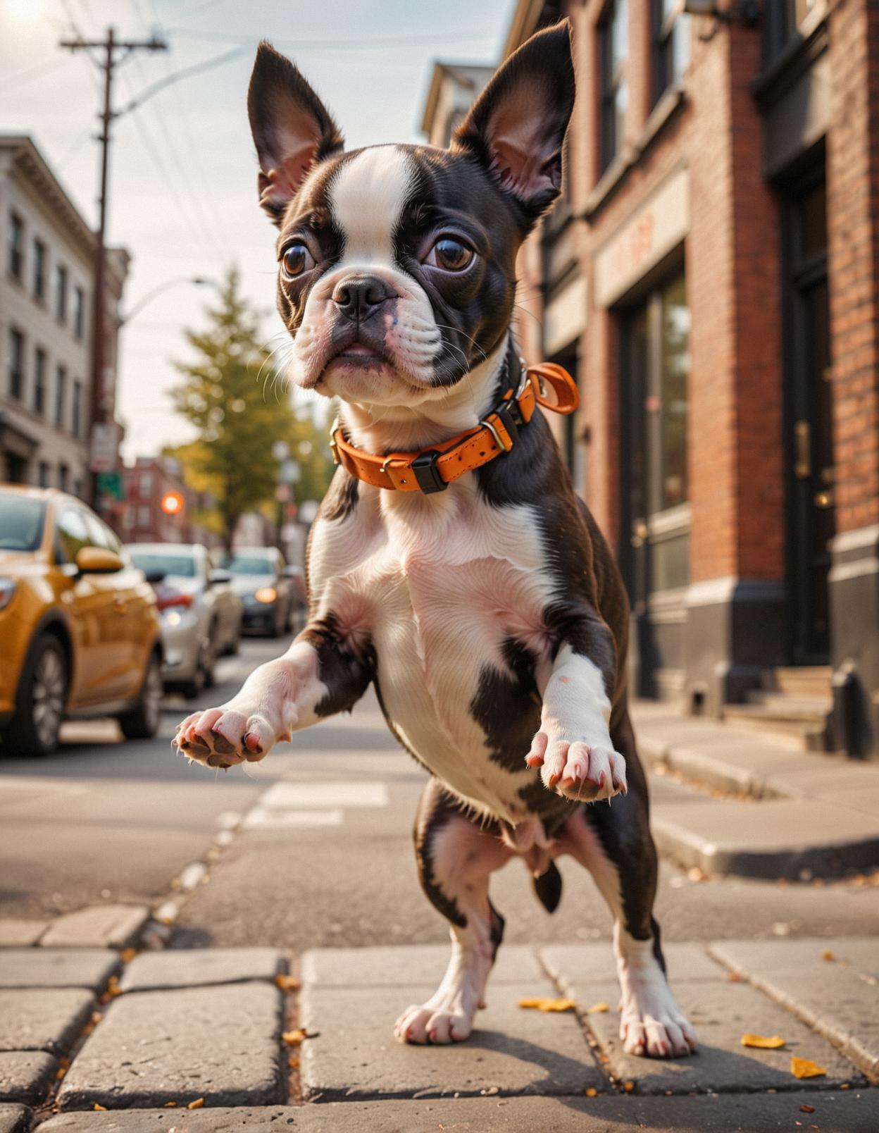 Photograph of a adorable Boston Terrier puppy standing on the street corner, Street Art Style, Pov View, Dancing Mustard and Red Orange diffuse light