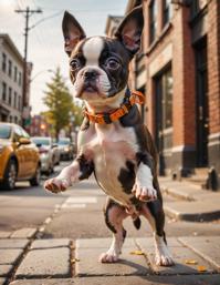 Photograph of a adorable Boston Terrier puppy standing on the street corner, Street Art Style, Pov View, Dancing Mustard and Red Orange diffuse light