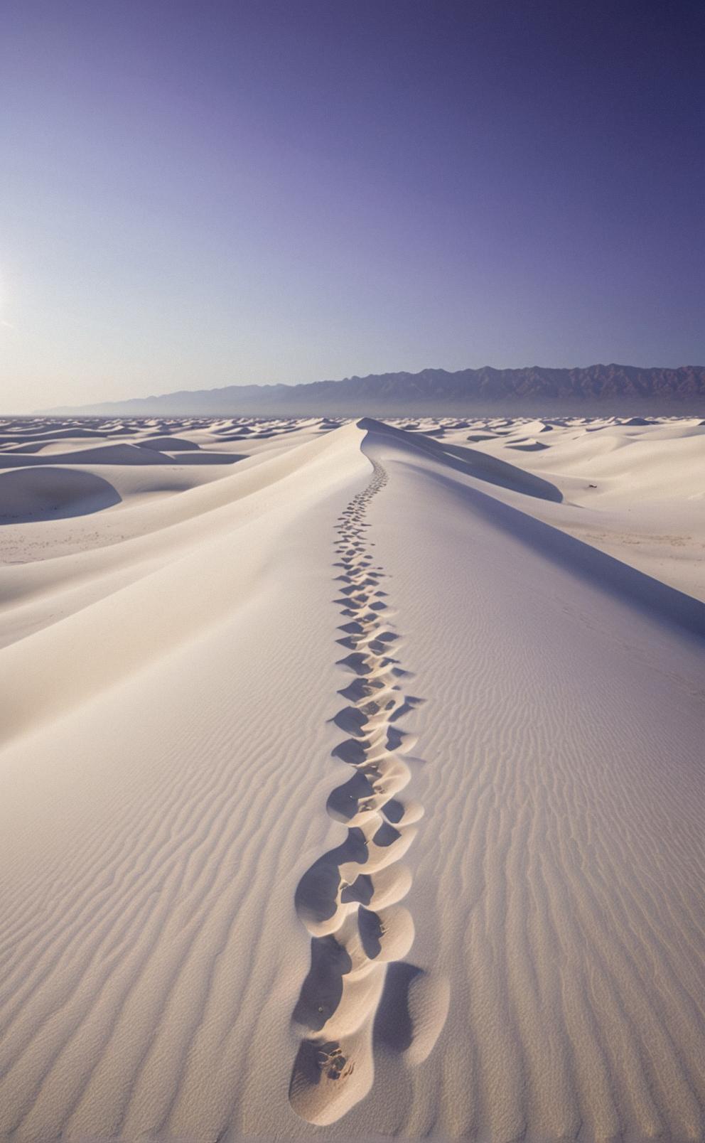A photorealistic image of a vast expanse of the white sands stretches out before you, captured in an hazy and mysterious light The sky is a deep shade of purple, casting long shadows across the sand The air is thick with the scent of saltwater and the sound of waves crashing against the shore can be heard in the distance