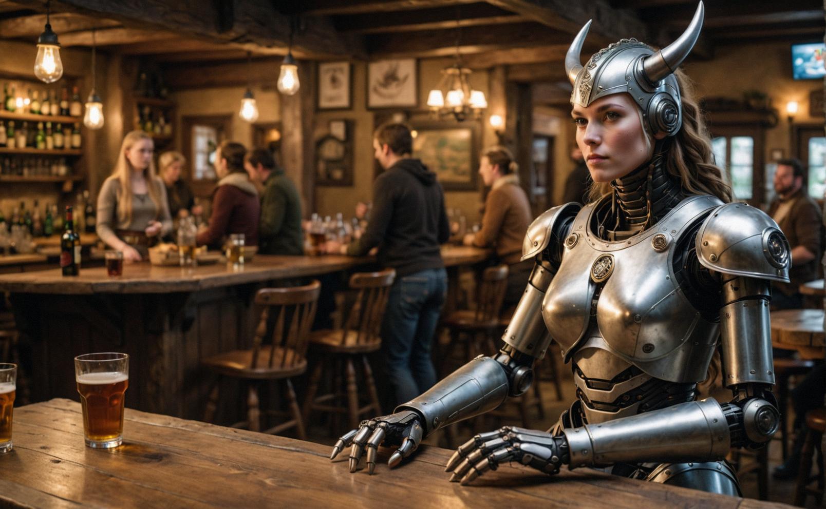 Photograph of a female Viking like robot in a tavern, with a wide view and slow shutter speed