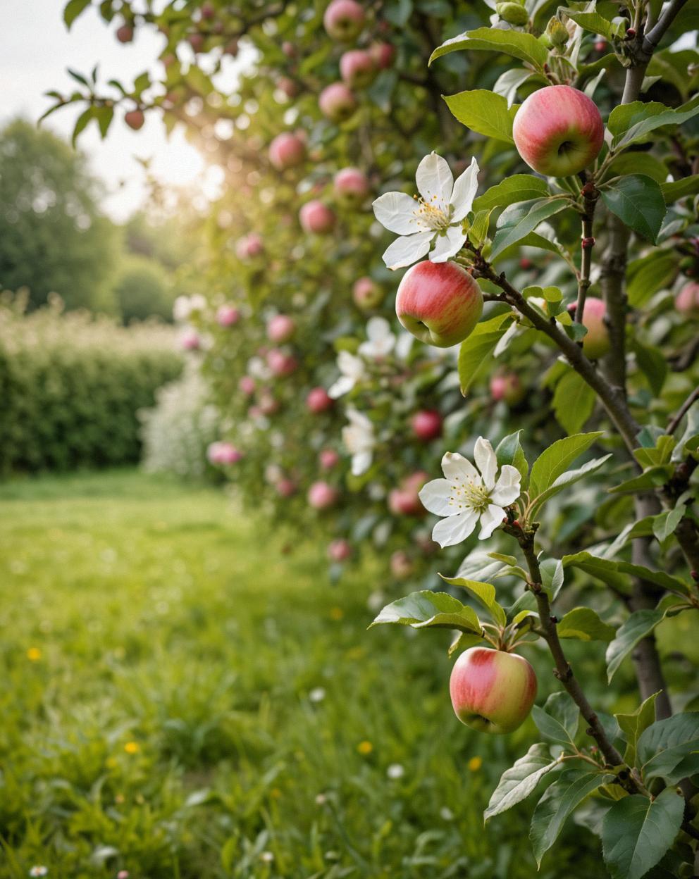 A cozy scene in a garden, with a long exposure and a macro lens, capturing the beauty of a flower field with an apple tree