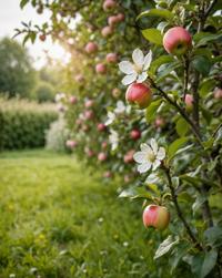 A cozy scene in a garden, with a long exposure and a macro lens, capturing the beauty of a flower field with an apple tree