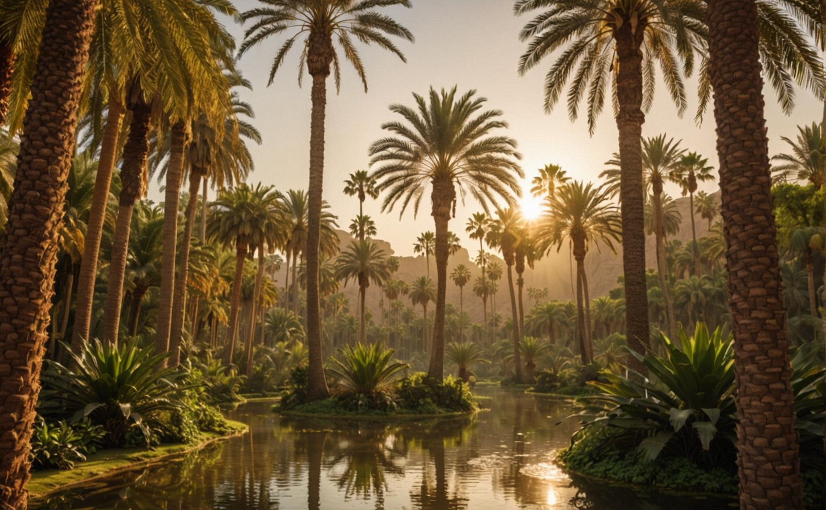 A stunning photo of a majestic and mysterious landscape from the inside of an oasis The scene is bathed in a soft, golden light, creating a surreal atmosphere that seems to come alive with energy The camera captures the intricate details of the flora and fauna, including the tall palm trees lining the walls
