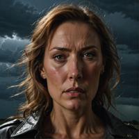 Photograph of a stormy night with sharp focus on the face of a woman, inspired by the concept of Cavender as an old man coming back from the future