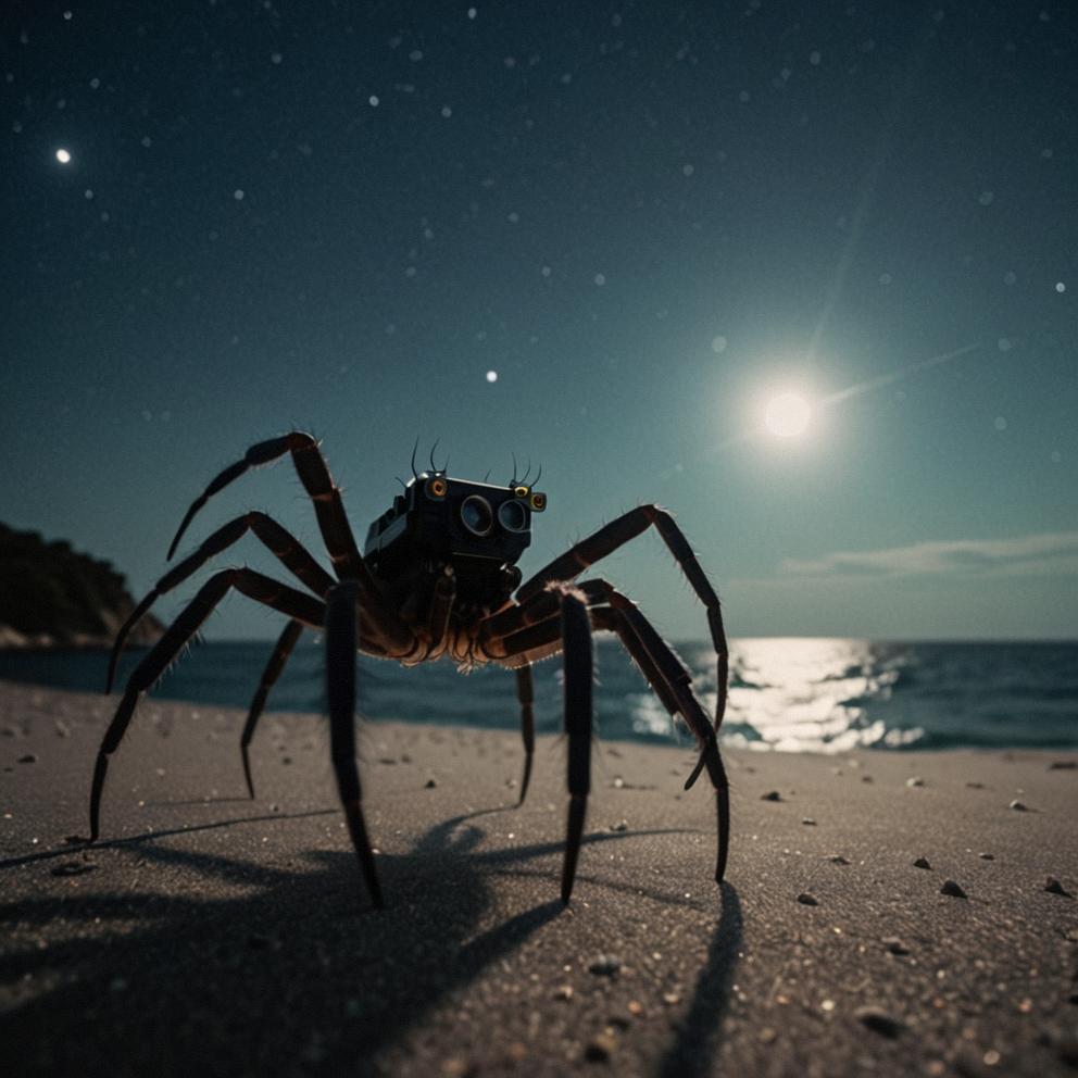 A photorealistic image of a sea spider with a bright moonlight night sky in the style of solarpunk art, featuring an ilfordhp plus camera and a f lens with mm lens zoom, with a high resolution HDR lighting, creating a realistic and immersive cinematic atmosphere