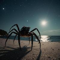 A photorealistic image of a sea spider with a bright moonlight night sky in the style of solarpunk art, featuring an ilfordhp plus camera and a f lens with mm lens zoom, with a high resolution HDR lighting, creating a realistic and immersive cinematic atmosphere