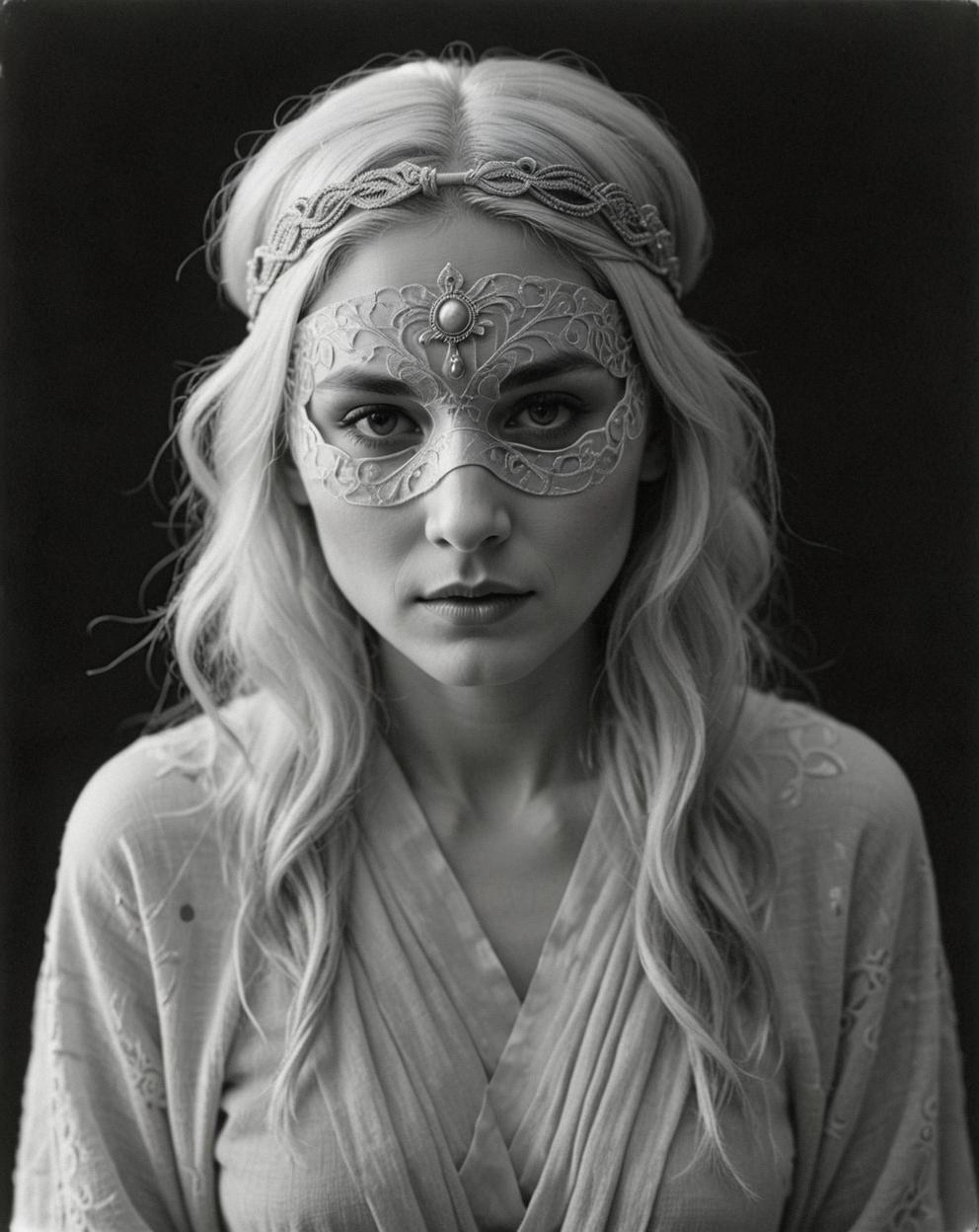 Photograph of a New Zealander ghostly female churubim wearing a cozy blindfolds and intricate silver hairstyle The image has an ethereal glow from the Fomapan camera with a Sgraffito effect