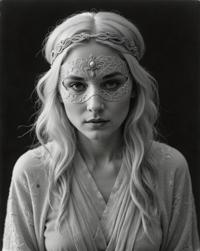 Photograph of a New Zealander ghostly female churubim wearing a cozy blindfolds and intricate silver hairstyle The image has an ethereal glow from the Fomapan camera with a Sgraffito effect