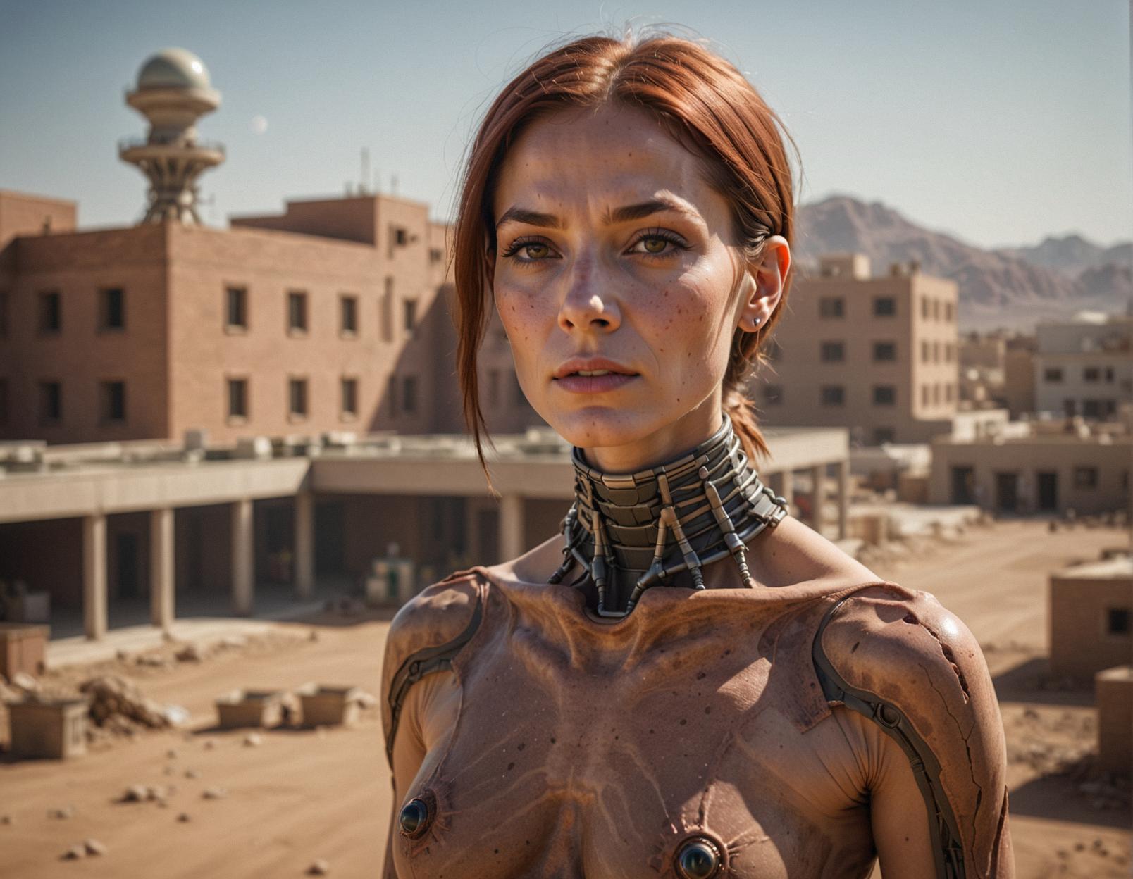A photorealistic image of a female Martian, the Female is a Sultans, choker, hospital in background