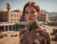 A photorealistic image of a female Martian, the Female is a Sultans, choker, hospital in background
